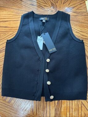 TRUTH Black Knit V-Neck Vest with Gold Buttons
